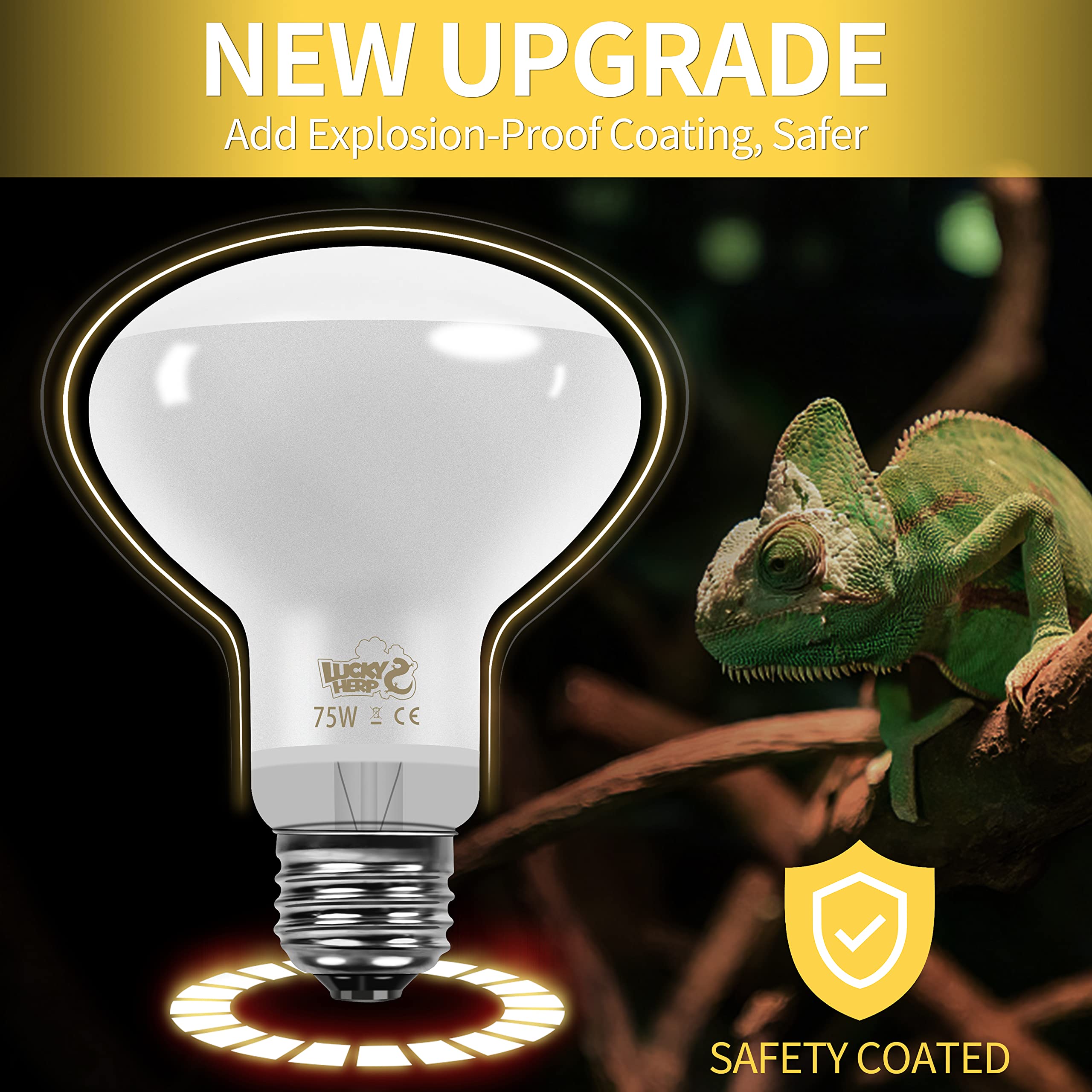 LUCKY HERP New Upgrade 75W Reptile Heat Lamp Bulb (3rd Gen, Safer), Amphibian Basking Spot Light Bulb, UVA Reptile Daylight Bulb